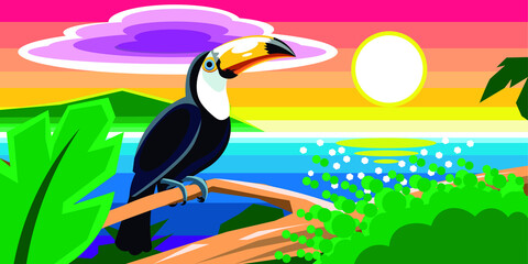 Toucan bird on a branch on beautiful island at sunset. Vector illustration