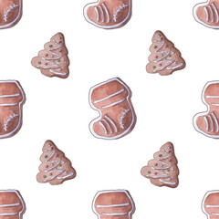 Ginger watercolor gingerbread, seamless pattern for the background.