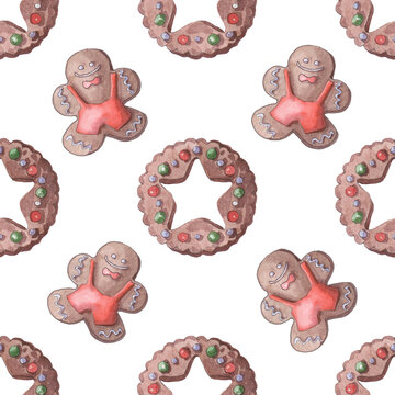 Ginger watercolor gingerbread, seamless pattern for the background.