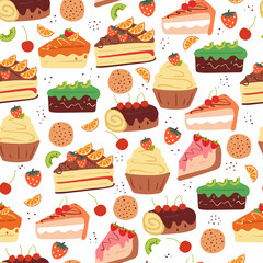 seamless pattern cartoon cake and fruit for fabric print, gift wrapping paper