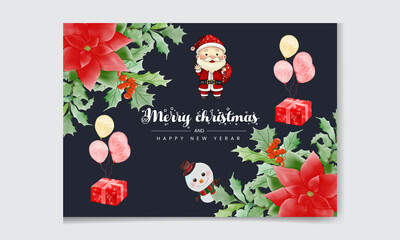 Christmas and New Year greeting card, celebration with snowman, Santa, deer, gift box,  winter landscape and fir forest. Hand painted  Christmas ball.  watercolor background. Christmas banner.
