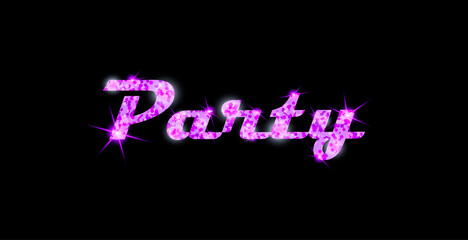 Happy New Year 2022. Greeting card with the text Party written in purple sparkles on a black background. Beautiful sparkling template for design, holiday card, banner, poster.
