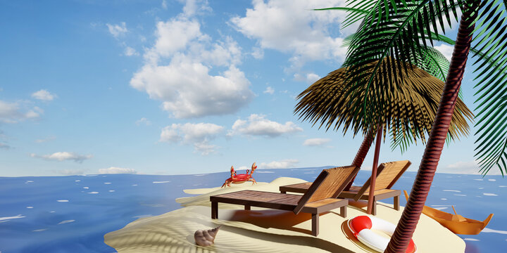 beach chair wooden with umbrella, palm tree, lifebuoy, seaside, crab, boat, island isolated on blue sky background. summer travel concept, 3d illustration or 3d render