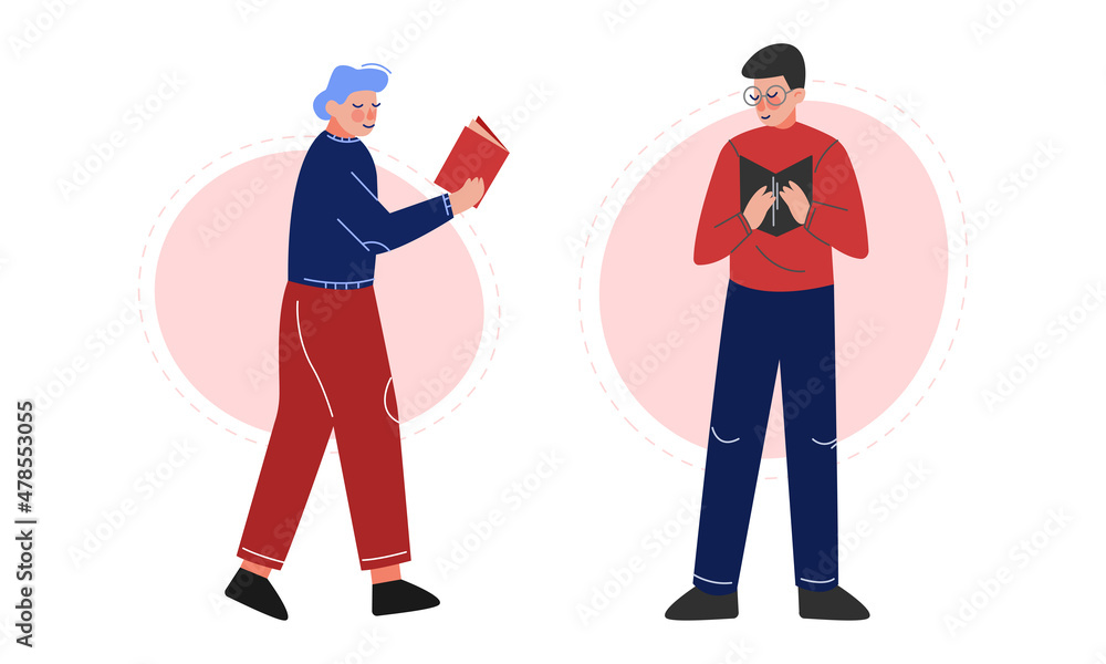 Poster man walking and reading interesting book vector set