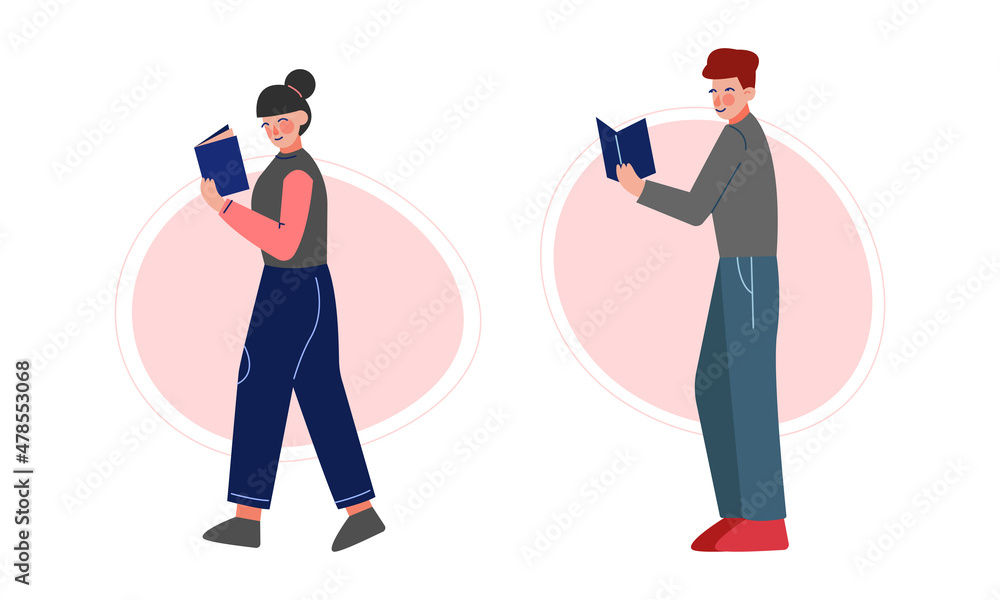 Poster man and woman walking and reading interesting book vector set