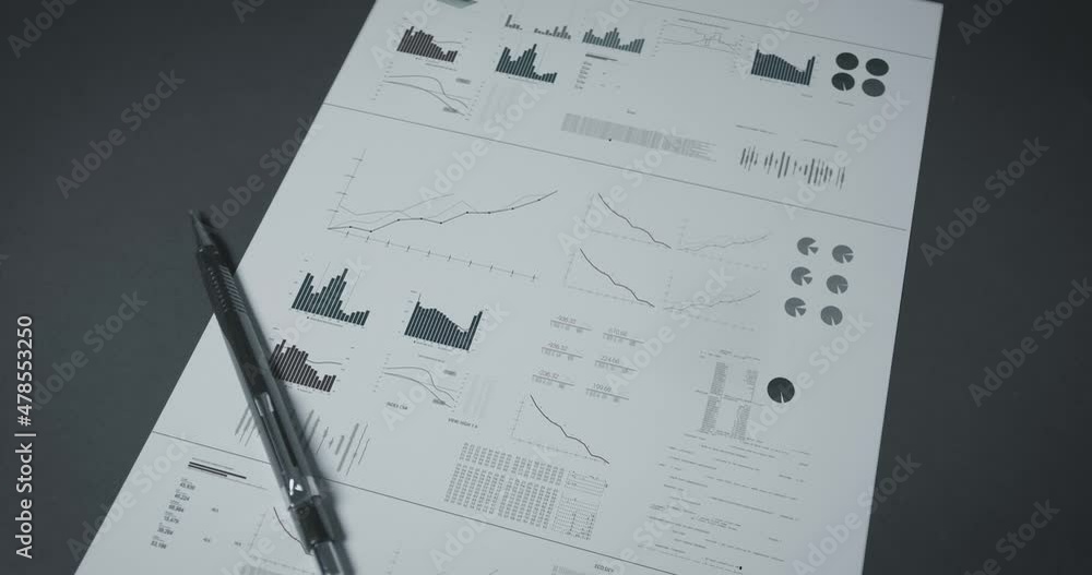 Poster digitally animated graph chart worksheet business analyst development data on a white paper with pen