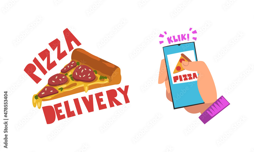 Poster food delivery service with app interface on smartphone screen and pizza slice vector set