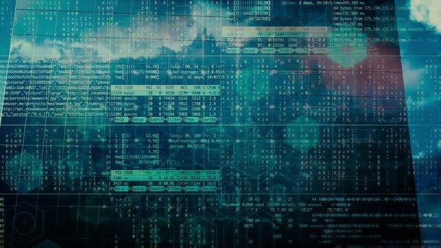 4k time-lapse construction of a glass building with reflections of the sky and code and business icon overlay, Conceptual construction, and technology video