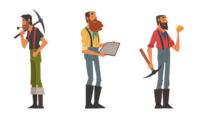 Bearded Male Prospector Character Gold Mining Holding Pickaxe and Net Vector Set