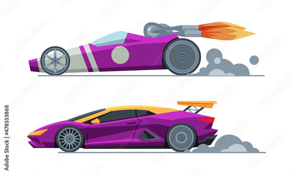 Sticker Automobile or Car Participating in Drag or Motor Racing Vector Set