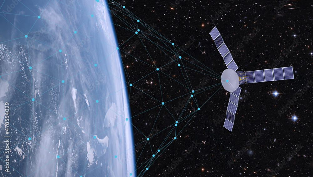 Poster satellite communications network covering the entire globe. 3d rendering. elements of this image fur