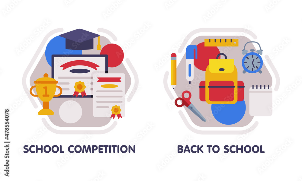 Poster school education composition with text caption and educational objects vector set