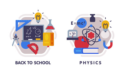 School Education Composition with Text Caption and Educational Objects Vector Set