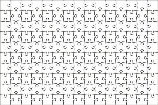Puzzle pieces set. Jigsaw outline grid. Scheme of thinking game. Modern background with separate shapes. Cutting template with 10x15 details. Simple mosaic frame tiles. Vector illustration.