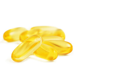 Heap of Omega 3 capsules isolated on white background. Copy space