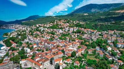 Herceg Novi, Montenegro. Detailed panoramic shot. Beautiful top view on the town - obrazy, fototapety, plakaty