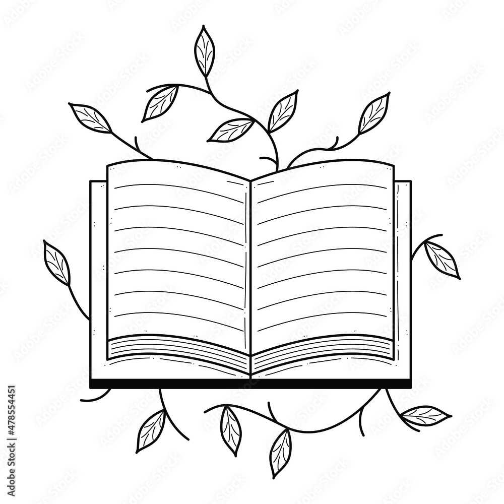 Poster abstract black simple line open book with plants leaves leaf doodle outline element vector design st