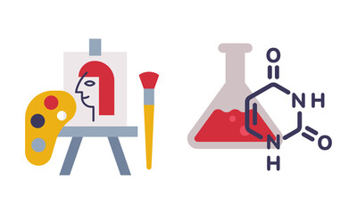 Drawing Easel and Flask with Chemical as School Education Object Vector Set