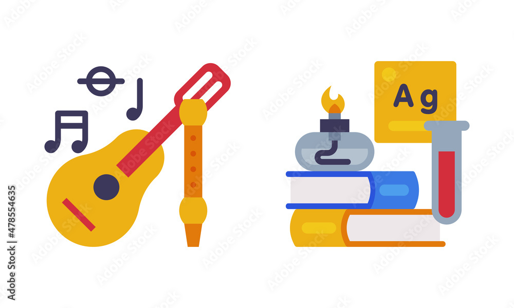 Sticker flask with chemical and musical instrument as school education object vector set