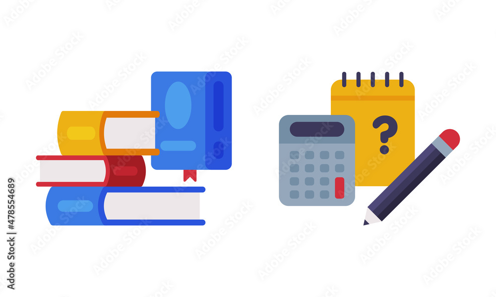 Poster pile of books and calculator with notepad as school education object vector set