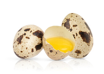 Composition of quail eggs with broken one isolated on white background. 
