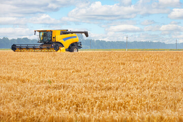A large yellow combine harvester against the backdrop of a wheat field and a cloudy sky on a summer day.