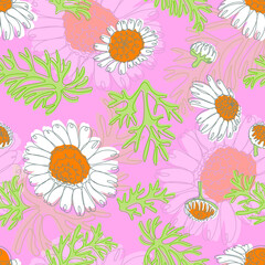 Seamless pattern of camomiles with polka dot. Trendy floral design for textile, fabric, wallpaper, wrapping. Vector illustration