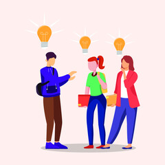 Students college is discussing about theme in thesis. Graduate of educational institution celebrating victory. Off to college. Vector colorful illustration.