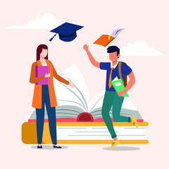 A boy tell with his friend about that he graduates jumping with happy. and graduating caps flying up in the air. Graduate of educational institution celebrating victory. Vector colorful illustration.