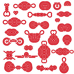 Chinese fasteners for qipao dresses. Red template in asian style for clothes design. Objects isolated on a white background. Vector set.