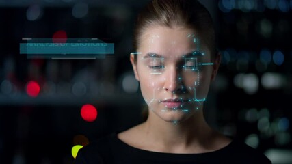 Futuristic biometrical emotions analysis. Closeup woman face biometrics research - Powered by Adobe
