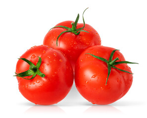 Three isolated tomatoes on white background.