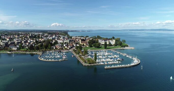 Aerial view of a small harbour along the coast, Lake Constance, Switzerland.
