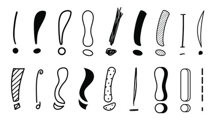Set Hand Draws Collection Doodle Different Black Exclamation Marks Vector Design Style Cartoon Interrogation Icons Sketch