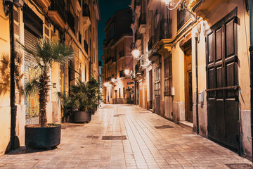 quaint street view at night in Valencia  Spain