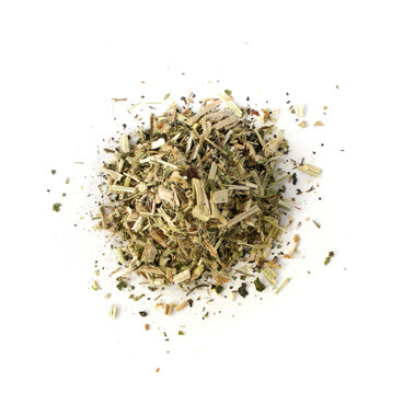  Dried chopped herb on white isolated background