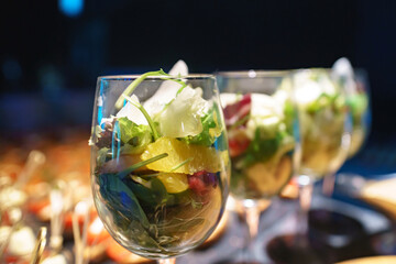 Set of fruit salads in a glass. Fruit snack