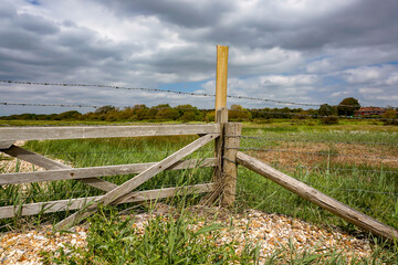 fence on the beach overlooking nature reserve. Cloudy sky over coastal region.