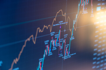 Analysis of stock quotes on the monitor. Graph of exchange rate of currencies or stock index on a computer monitor for analysis.