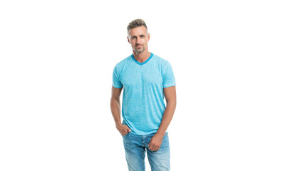 Fototapeta premium smiling mature man with grizzled hair isolated on white, male fashion