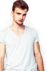 Fototapeta premium young handsome teenage hipster guy posing emotional, happy smiling against white background isolated, lifestyle people concept