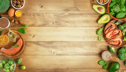 Selection of Omega-3 rich food sources on wooden background. Top view, copy space.