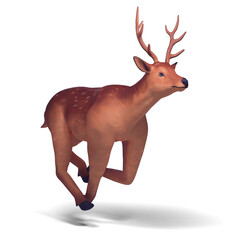 Young male deer with antlers runs on a white background 3d illustration
