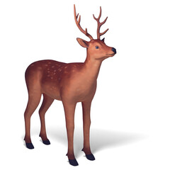 Young sika deer with antlers stands on a white background 3d illustration