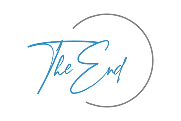 Modern, simple, elegant typographic design of a saying "The End" in grey and blue colors. Cool, urban, trendy graphic vector art