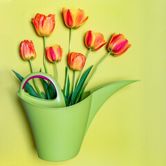 Green watering can with bouquet of orange fresh tulips flowers on light pastel background. Greeting card for holiday event. Happy labor day. Springtime or gardening concept