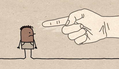 Big Hand with Cartoon Character - Pointing Finger Sign on a Black Man