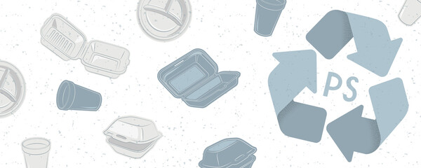 Waste recycling. Banner with plastic dishes and polystyrene containers. Eco-friendly environment. Doodle vector illustration. - obrazy, fototapety, plakaty