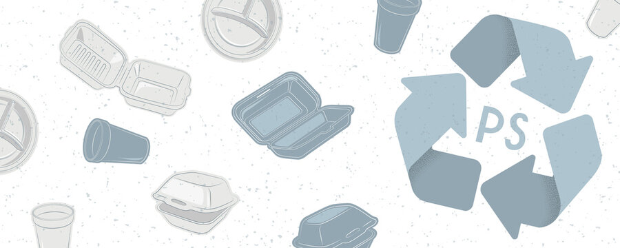 Waste recycling. Banner with plastic dishes and polystyrene containers. Eco-friendly environment. Doodle vector illustration. © Stellar Bones