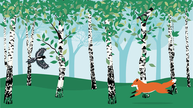 Summer birch trees and animals